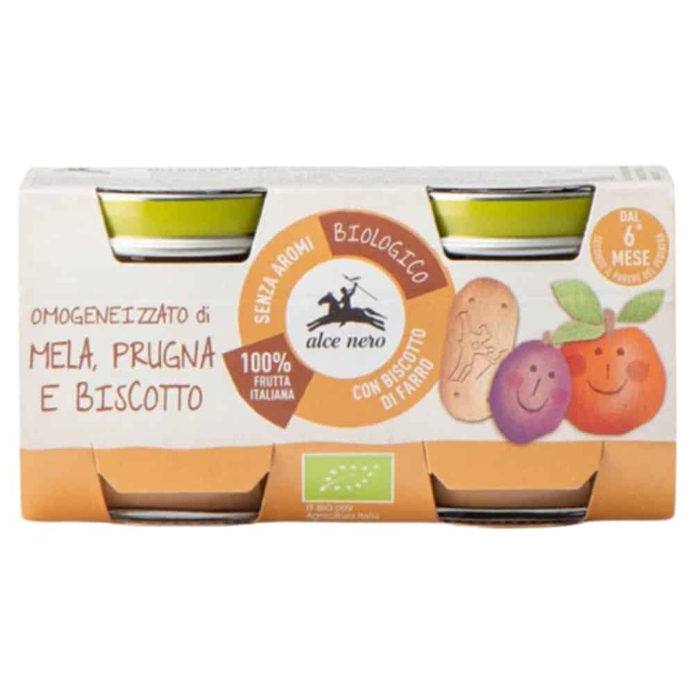 alce nero – pots de pomme, prune et biscuit 6mois+ bio – 2x – 80g