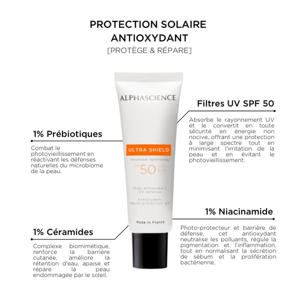 alphascience – ultra shield antioxydants haute protection uv spf50 – 40ml alphascience – ultra shield antioxydants haute protection uv spf50 – 40ml