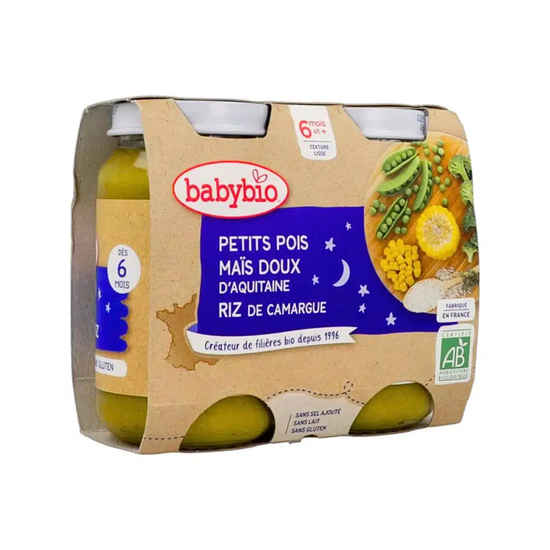 babybio – pot bonne nuit petits pois mais riz 2* – 200g
