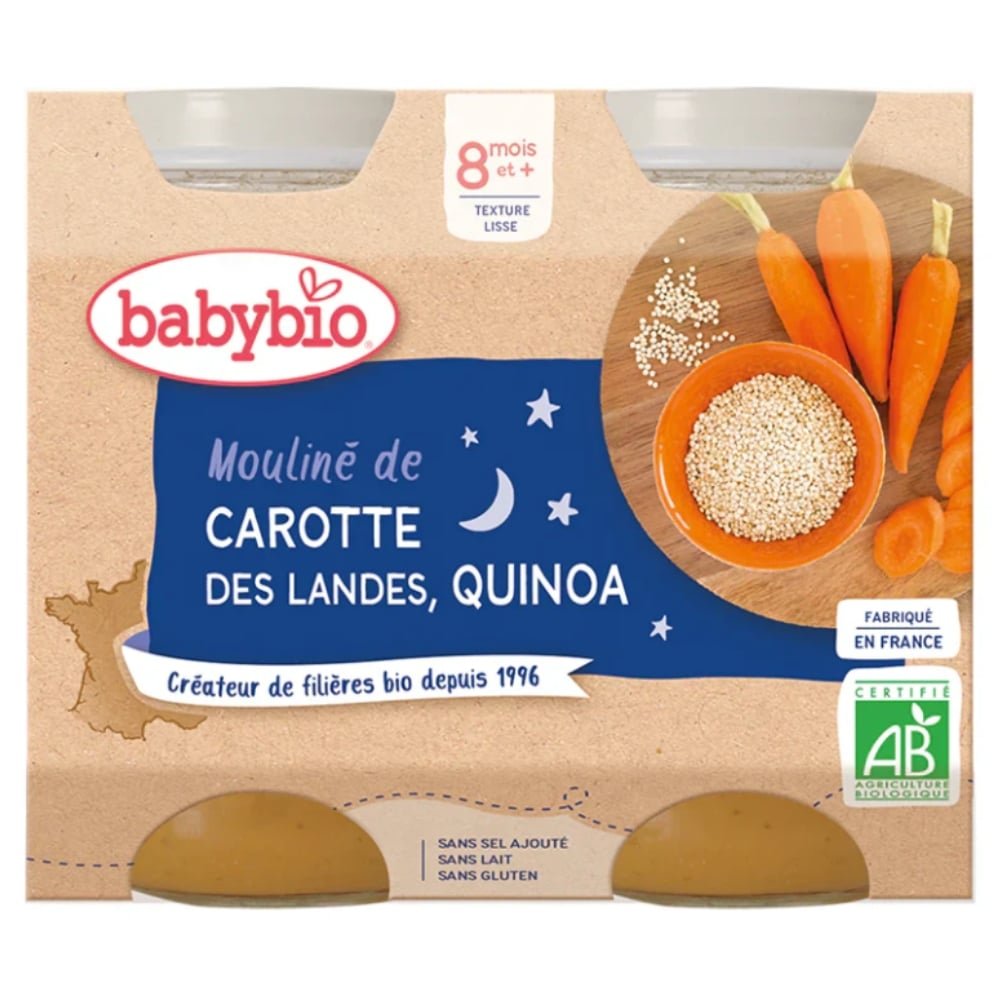 babybio – pots bonne nuit carotte et quinoa 8mois+ bio – 2x – 200g