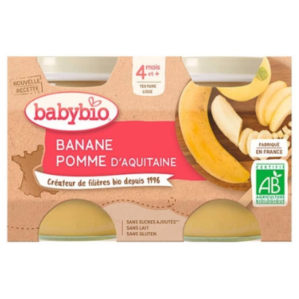 babybio – pots de banane et pomme 4mois+ bio – 2x – 130g