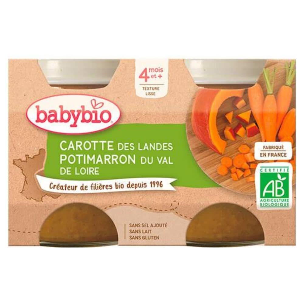 babybio – pots de carotte et potimarron 4mois+ bio – 2x – 130g