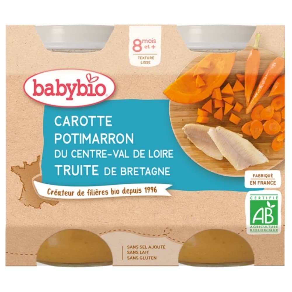 babybio – pots de carotte potimarron et truite 8mois+ bio – 2x – 200g