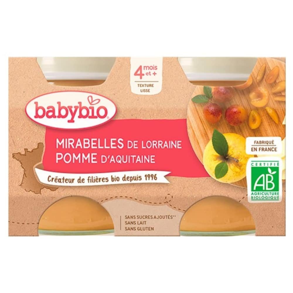 babybio – pots de mirabelles et pomme 4mois+ bio – 2x – 130g