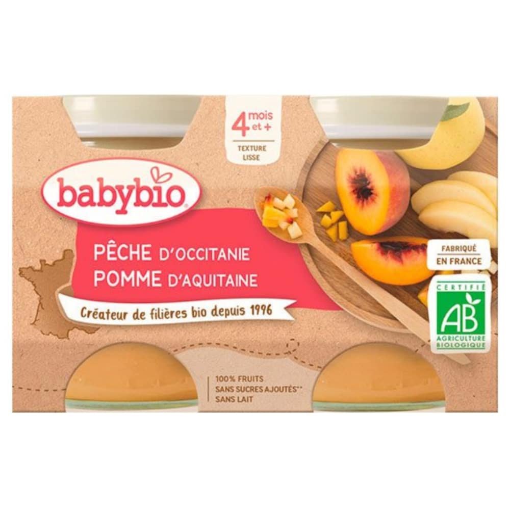 babybio – pots de peche et pomme 4mois+ bio – 2x – 130g