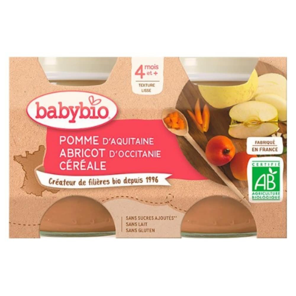 babybio – pots de pomme, abricot et cereale 4mois+ bio – 2x – 130g