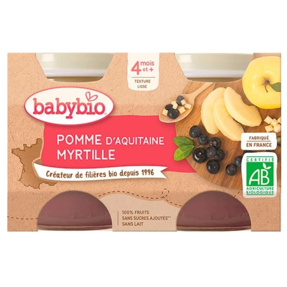 babybio – pots pomme et myrtille 4mois+ bio – 2x – 130g
