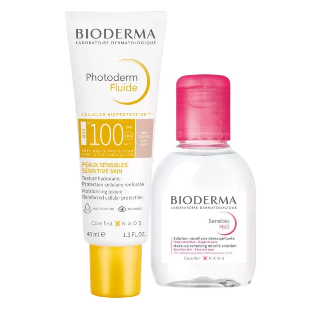 bioderma – photoderm fluide teinte tres claire spf100 + sensibio h2o 100ml offert