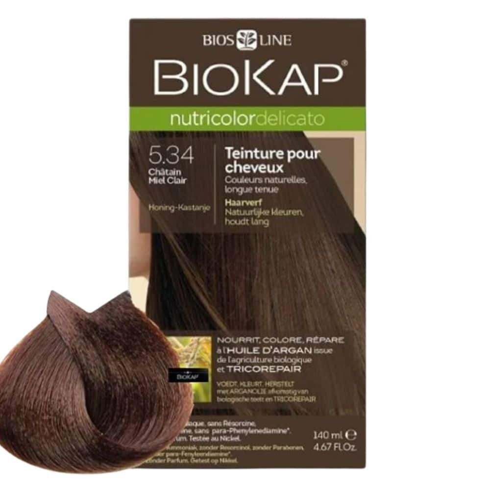 biokap – nutricolor delicato coloration naturelle cheveux delicats – 140ml – 5.34 – chatain miel clair
