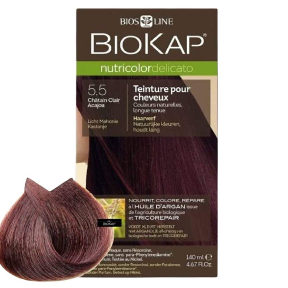biokap – nutricolor delicato coloration naturelle cheveux delicats – 140ml – 5.5 – chatain clair acajou
