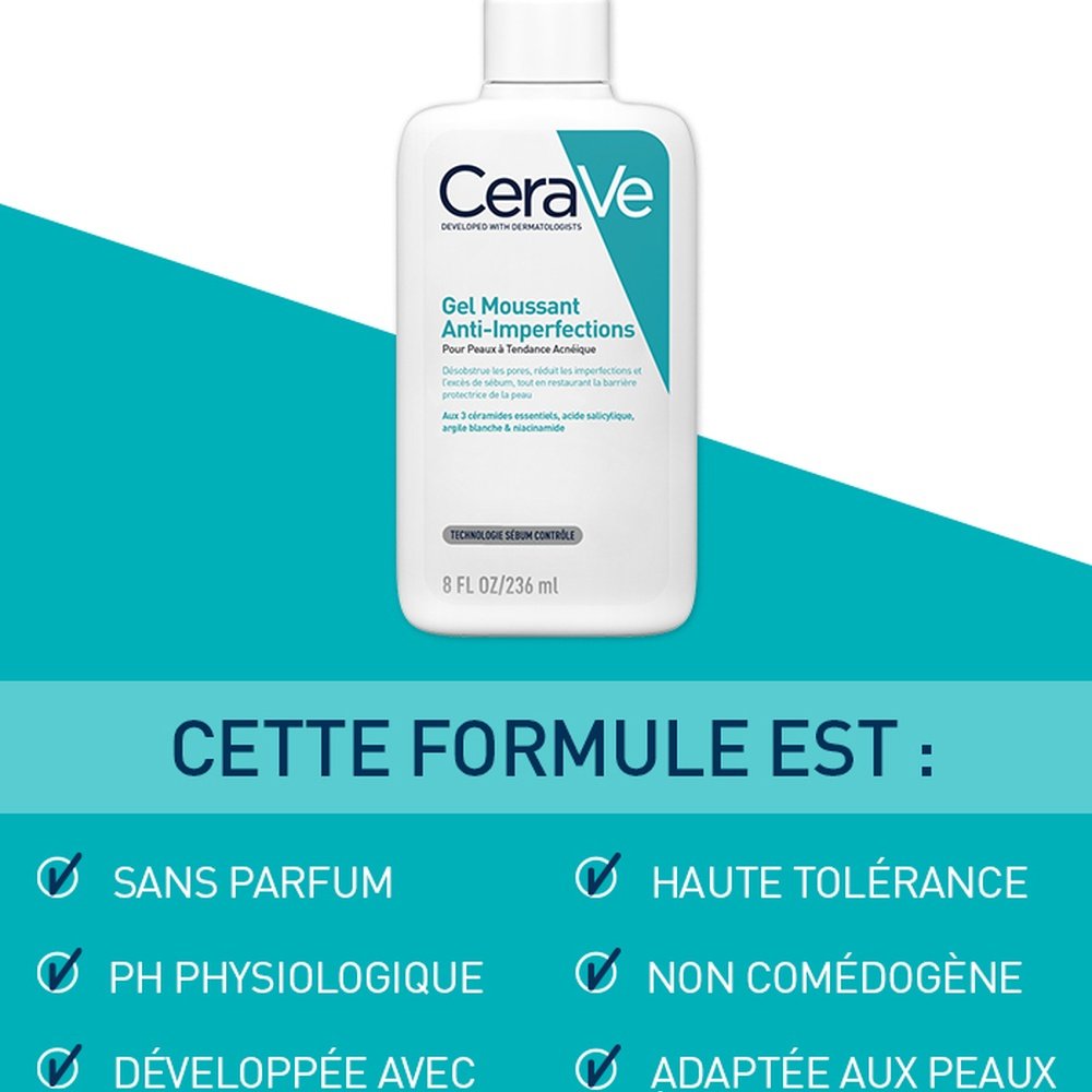 cerave – gel moussant nettoyant anti imperfections peau a tendance acneique – 236ml cerave – gel moussant nettoyant anti imperfections peau a tendance acneique – 236ml
