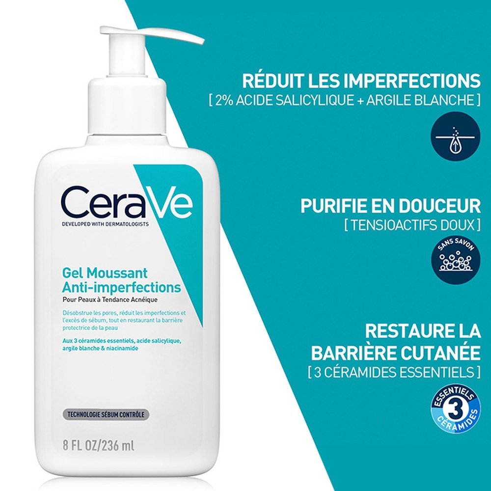 cerave – gel moussant nettoyant anti imperfections peau a tendance acneique – 236ml cerave – gel moussant nettoyant anti imperfections peau a tendance acneique – 236ml
