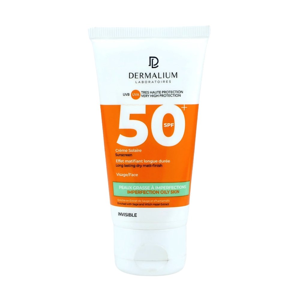 dermalium – ecran solaire peaux grasse a imperfections spf50+ – 50ml