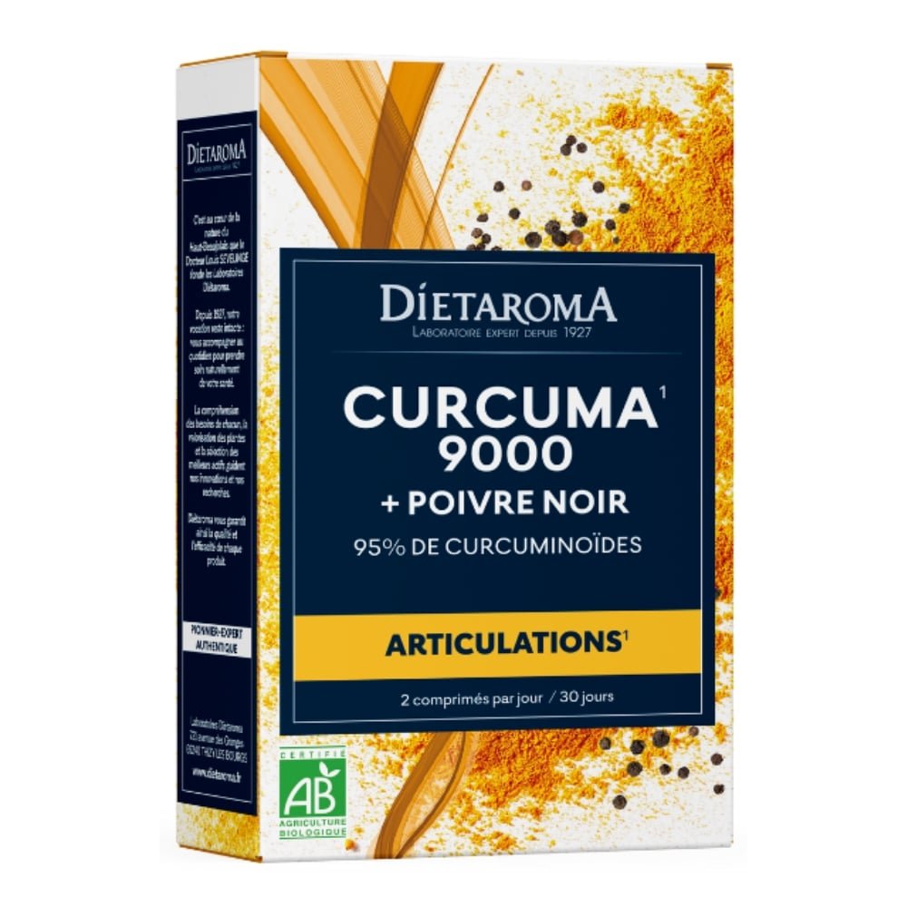 dietaroma – curcuma 9000 et poivre noir articulations bio – 60 comprimes