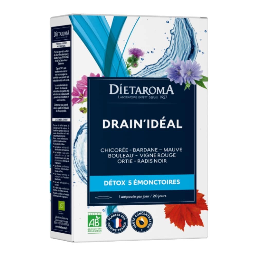 dietaroma – drain ideal detox 5 emonctoires ampoules haute concentration bio – 20u
