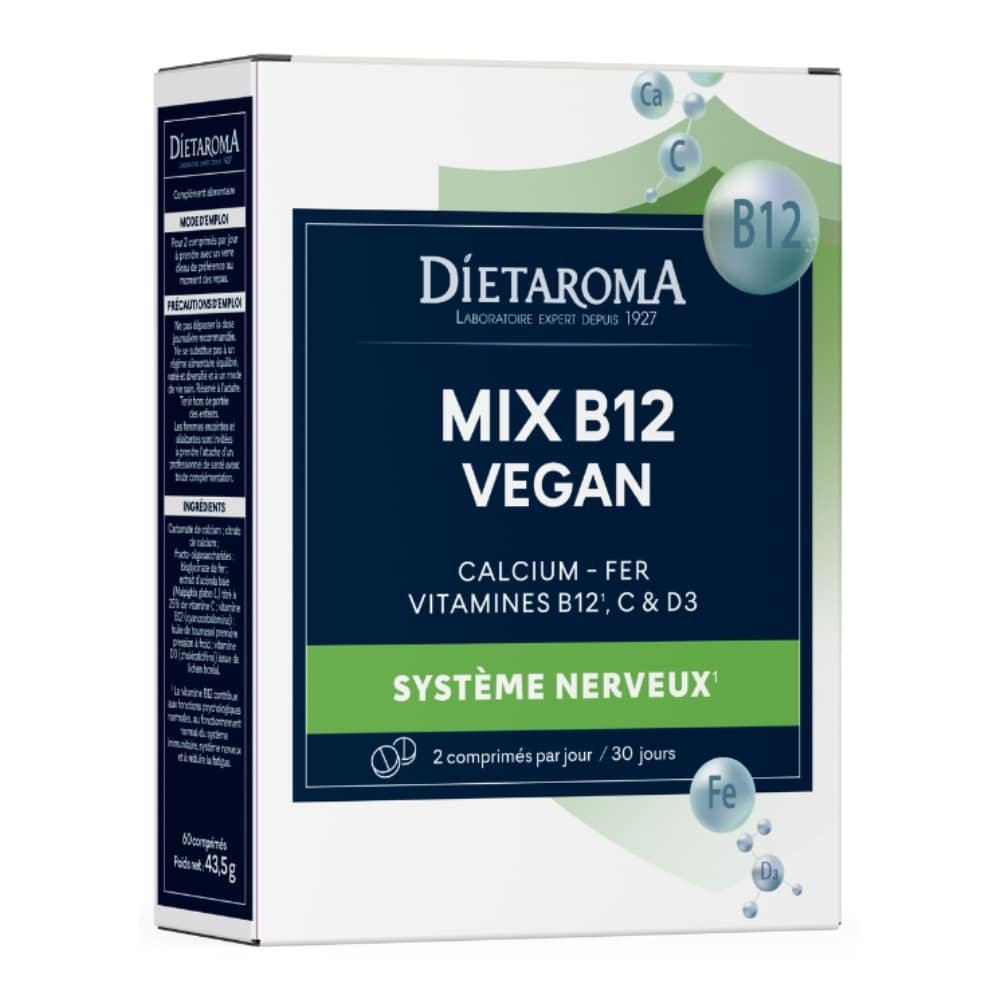 dietaroma – mix b12 fer, d3, calcium et vit c vegan – 60 comprimes