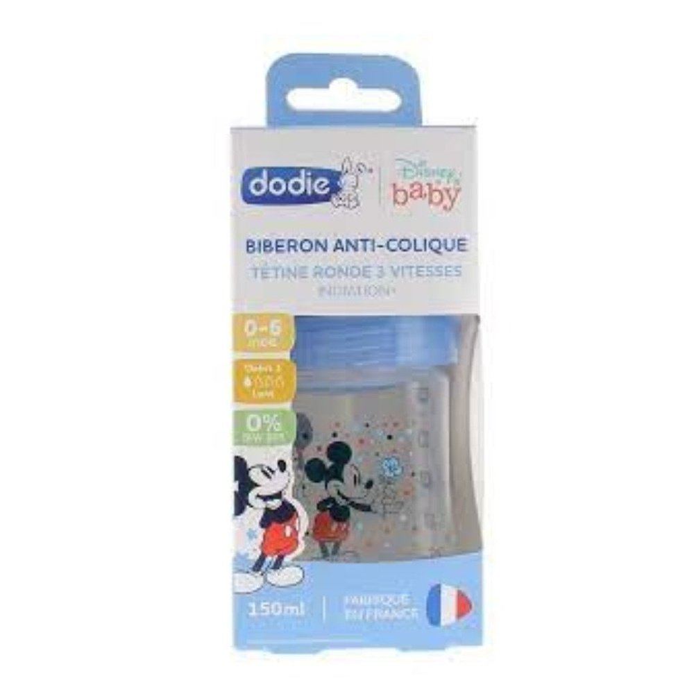 dodie – biberon anti colique mickey bleu 0 6m – 150ml