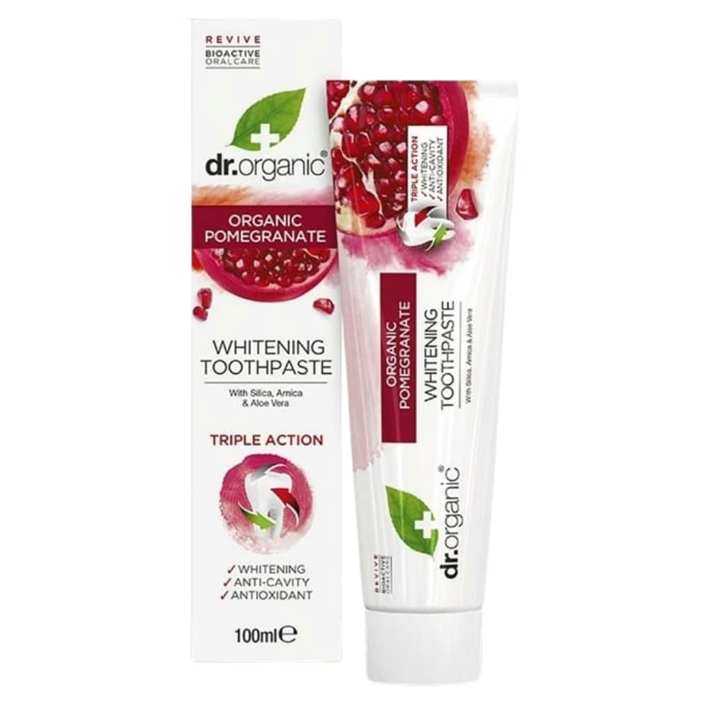 dr organic – dentifrice blanchissant triple action grenade bio – 100ml