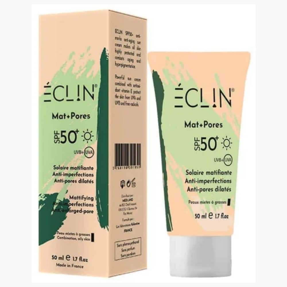 eclin – mat+pores ecran solaire matifiant anti imperfections spf50+ – 50ml
