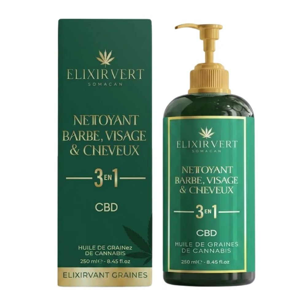elixir vert – nettoyant 3en1 barbe et visage et cheveux – 250ml