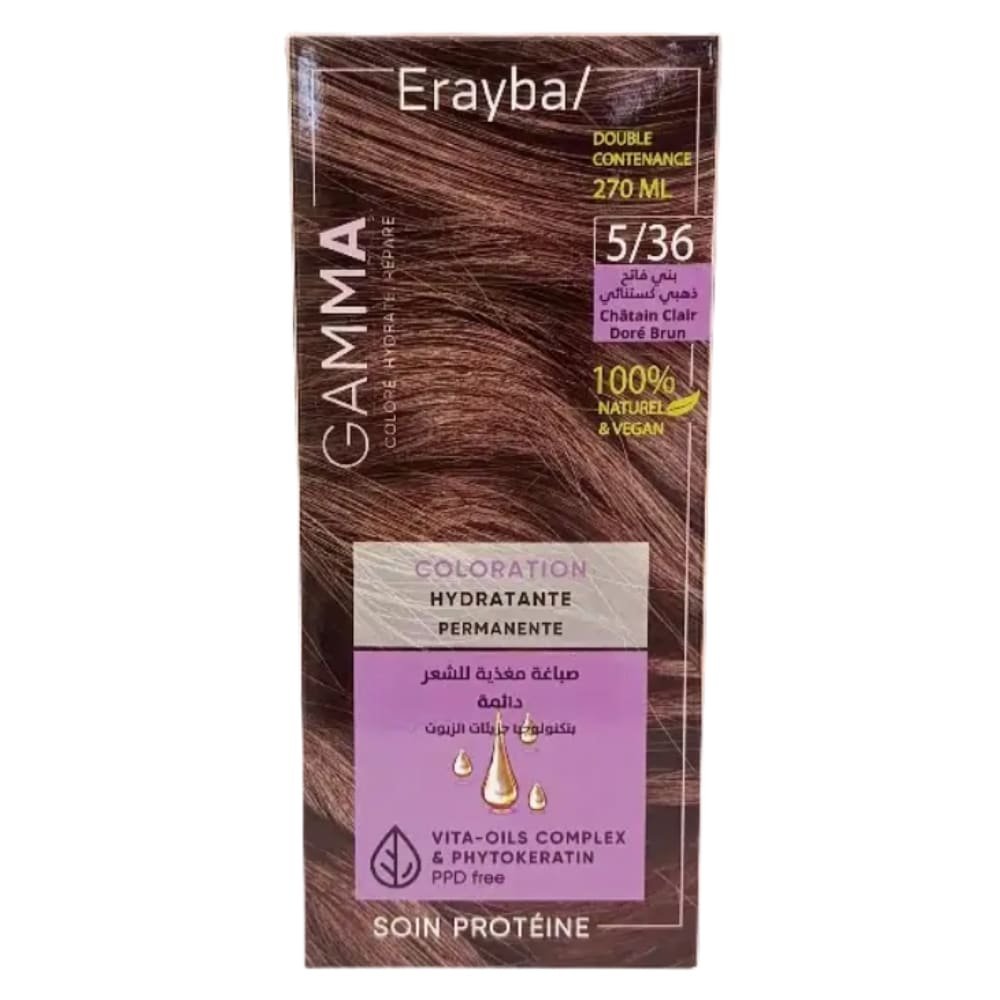 erayba – gamma coloration hydratante permanente naturelle – 5.36 – chatain clair dore brun