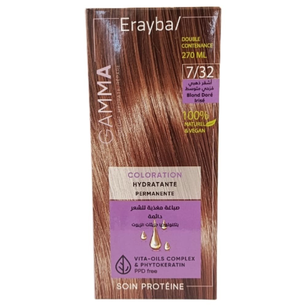 erayba – gamma coloration hydratante permanente naturelle – 7.32 – blond dore irise