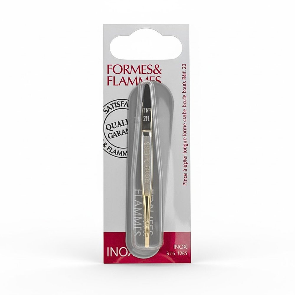 formes et flammes – pince a epiler acier forge bouts dores forme crabe 9cm refrence 21