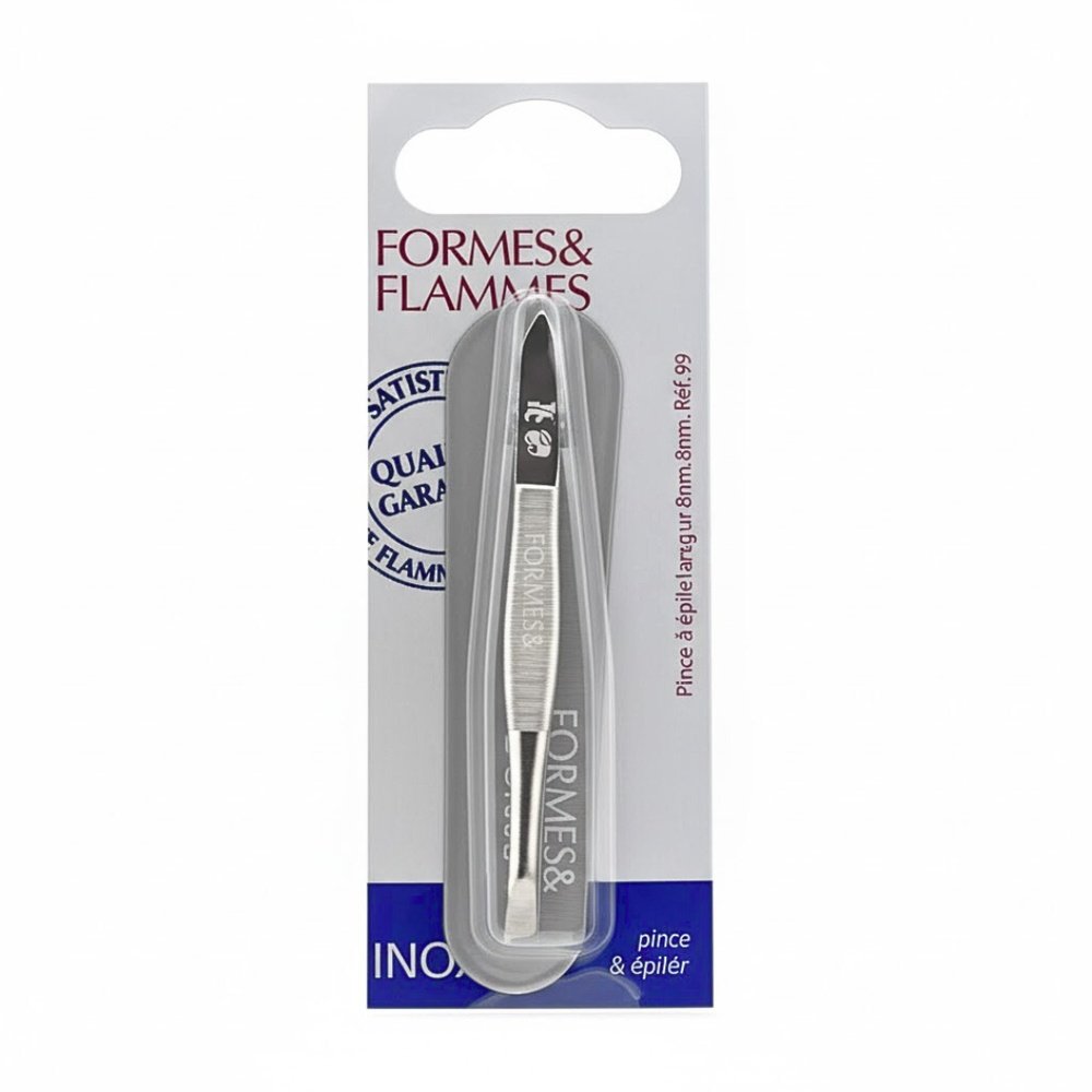 formes et flammes – pince a epiler acier forge nikele longue mors biais 9cm refrence19