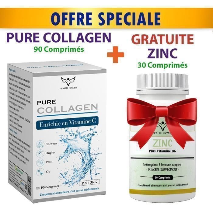 health power – pure collagen 90 comprimés +zinc 30 comprimés offert