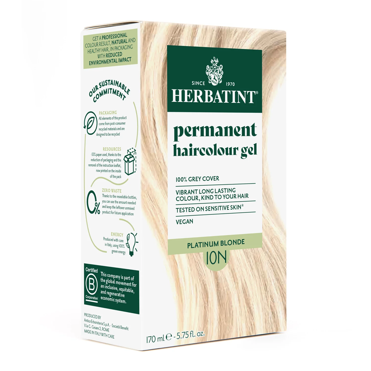 herbatint – coloration permanente platinum blonde 10n 170ml