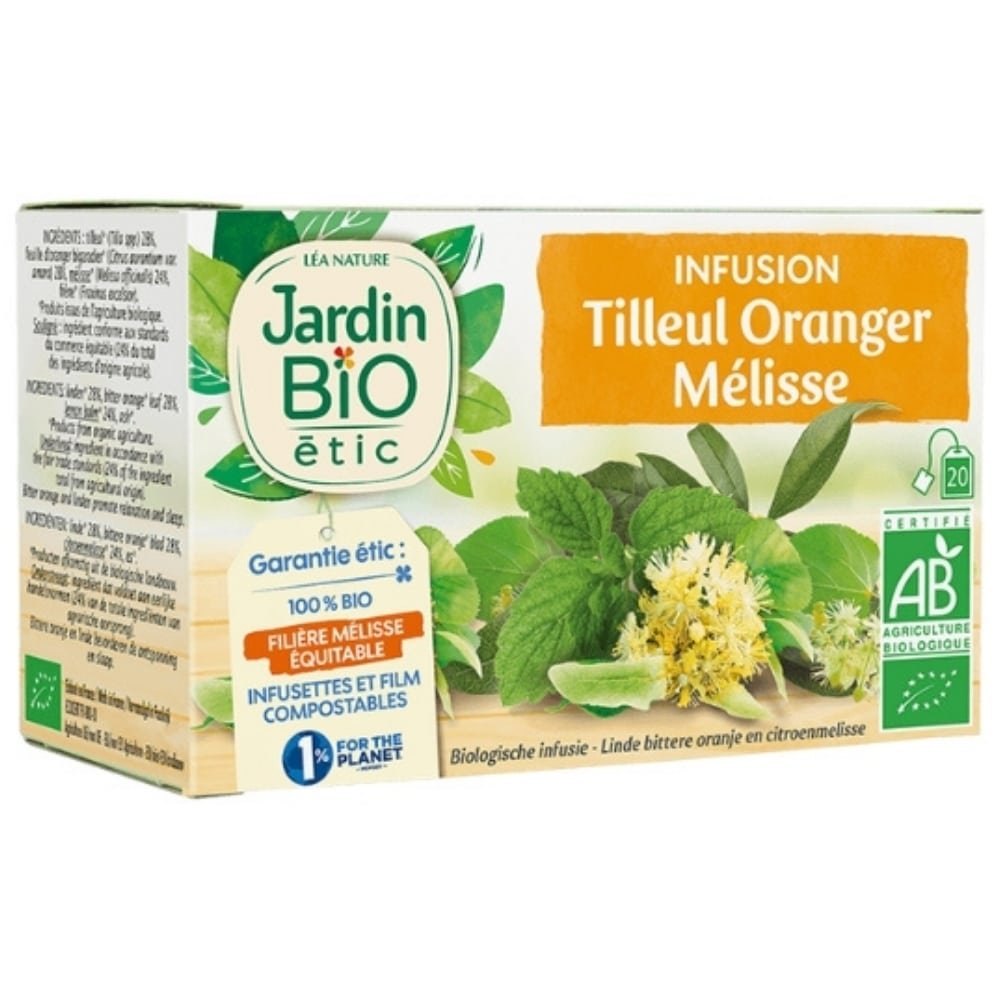 jardin bio – infusion tilleul, oranger et melisse bio – 20u