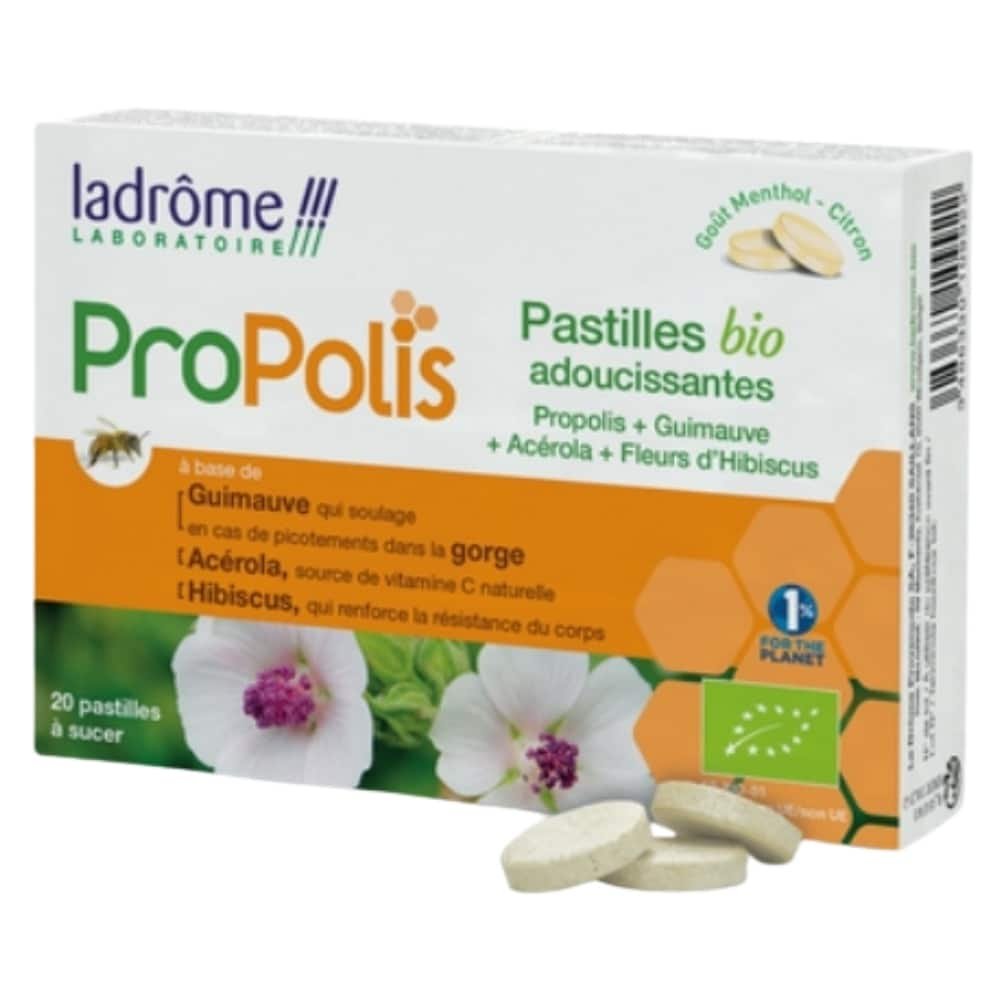 ladrome – propolis adoucissant guimauve, acerola et fleurs d’hibiscus bio – 20 pastilles