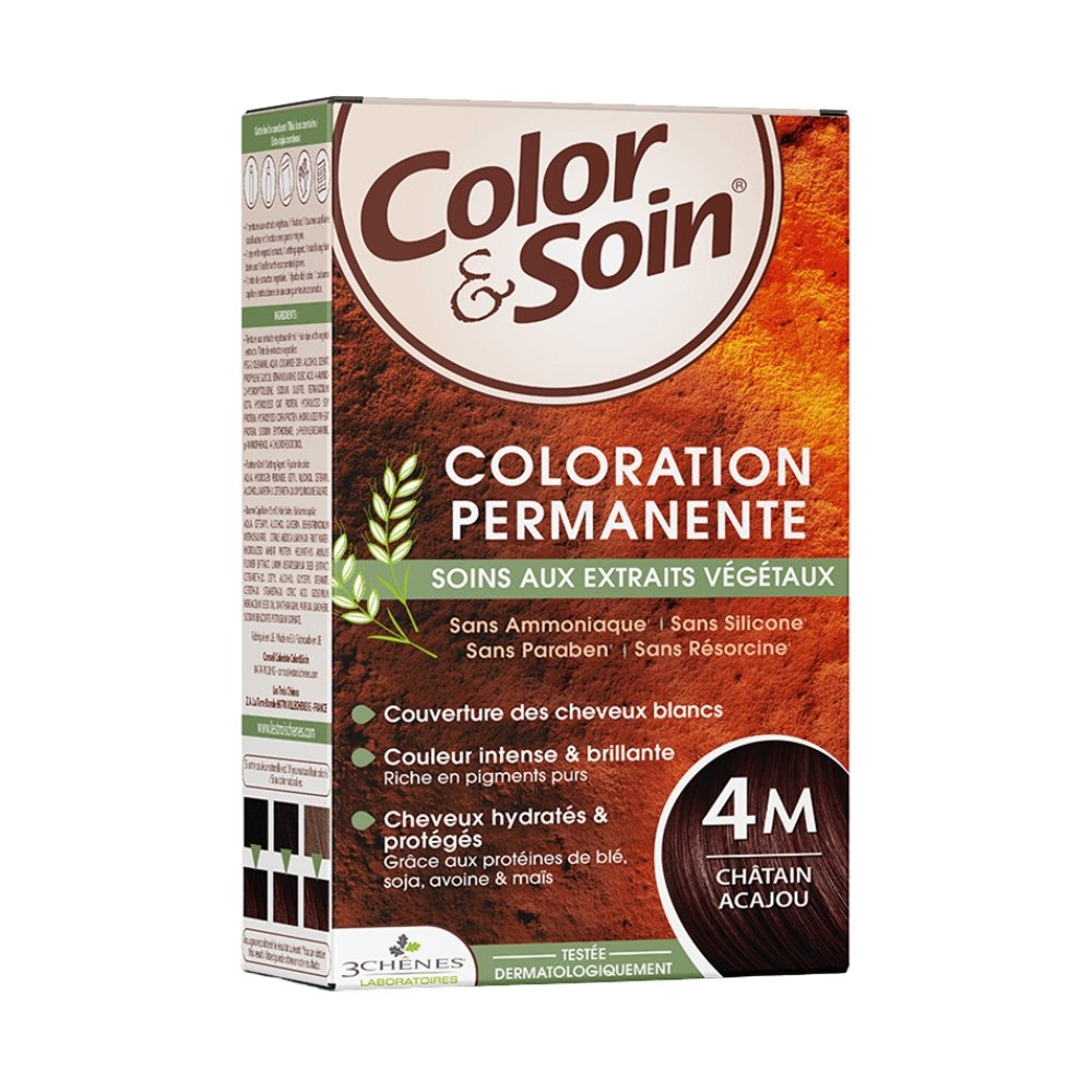 les 3 chenes – color et soin coloration cheveux permanente aux extraits vegetaux – 4m – chatain acajou