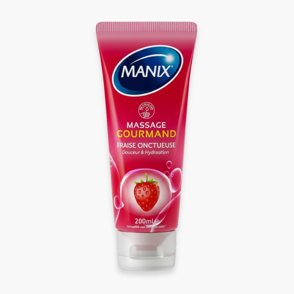 manix – gel de massage gourmand fraise comestible (douceur et hydratation) – 200ml