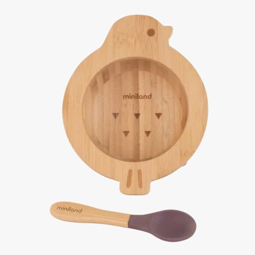 miniland – bol et cuillere en bois poussin – 1u