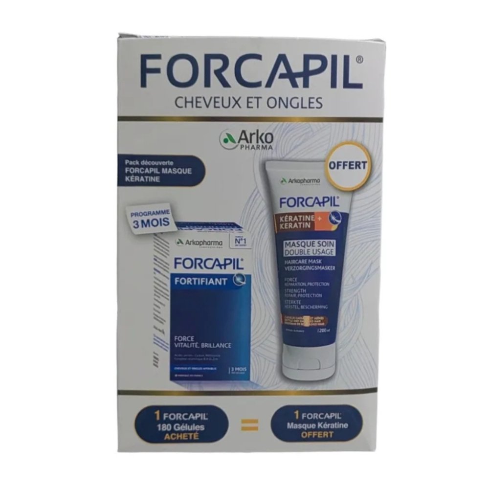 🎁 pack 🎁 – arkopharma – forcapil boite 180 gelules+masque soin double usage keratine 200ml pack