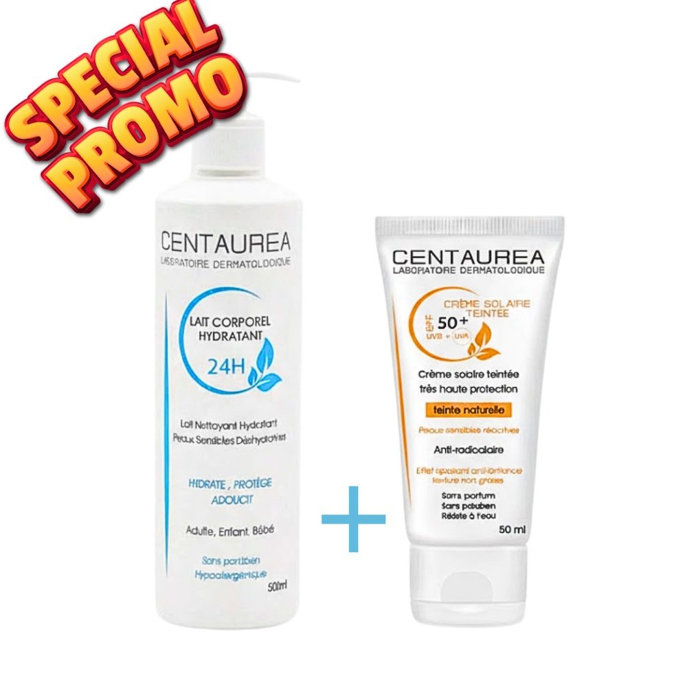 🎁 pack 🎁 – centaurea – duo lait corporel hydra 500ml +ecran teinte spf50+ – 50ml