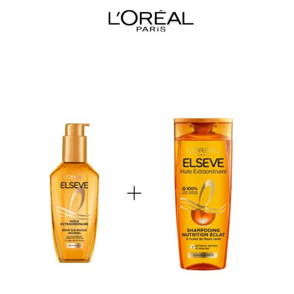 🎁 pack 🎁 – elseve – huile extraodinaire chvx tres secs shamp 200ml+serum – 100ml
