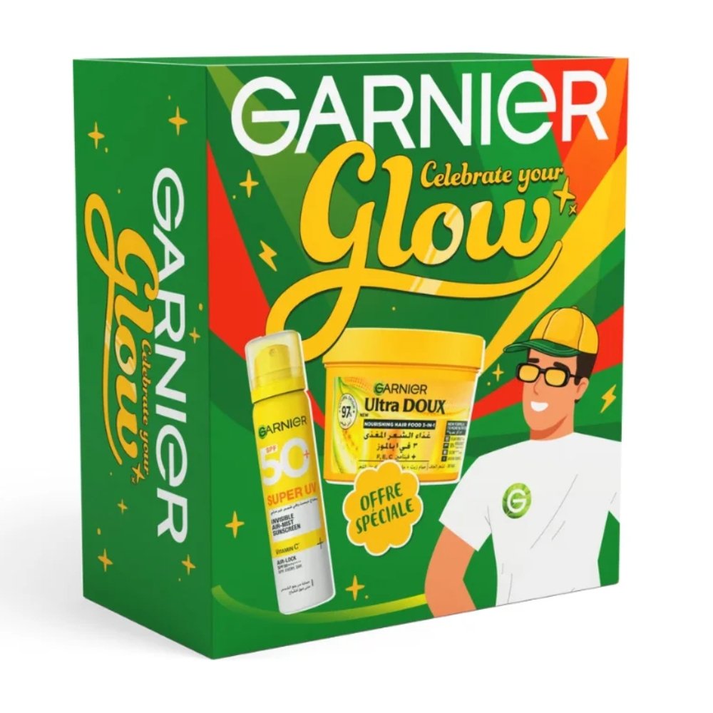 🎁 pack 🎁 – garnier – box coffret glow super uv spray spf50+ et hair food