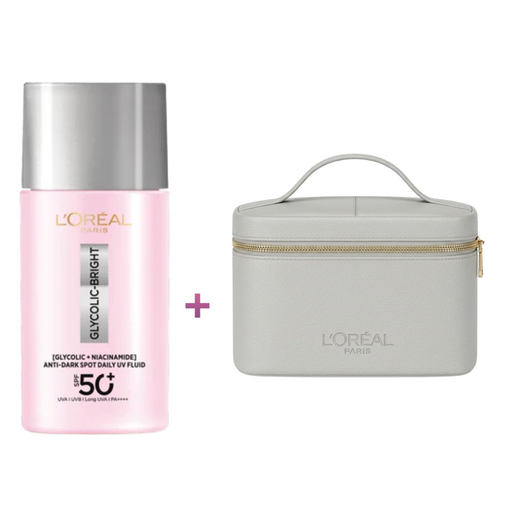 🎁 pack 🎁 – l’oreal paris – glycolic bright uv fluid spf50 + trousse