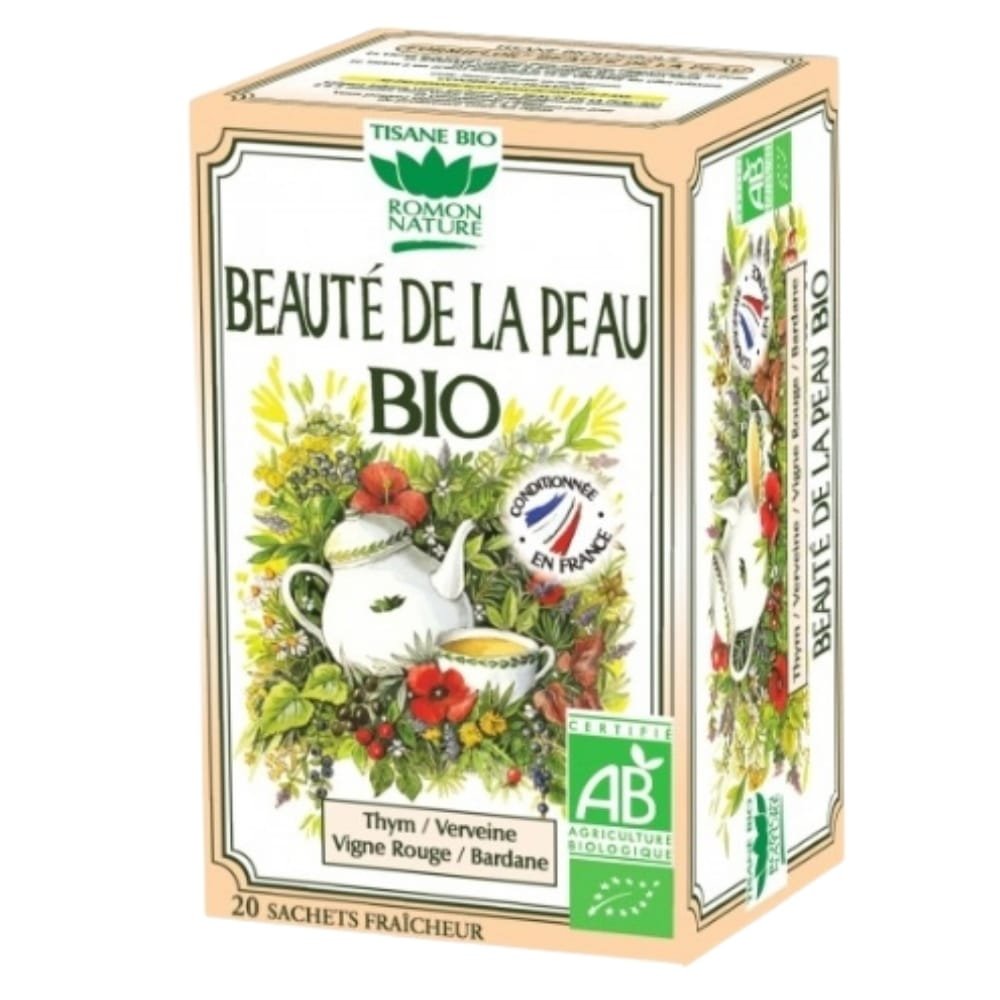 romon nature – tisane beaute de la peau thym, verveine, vigne rouge et bardane sachets bio – 20u