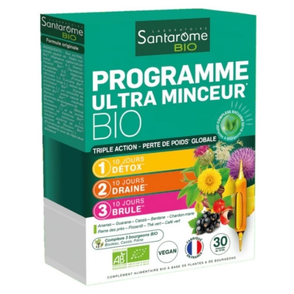 santarome – bio programme ultra minceur triple action detox, draine et brule ampoules – 30u