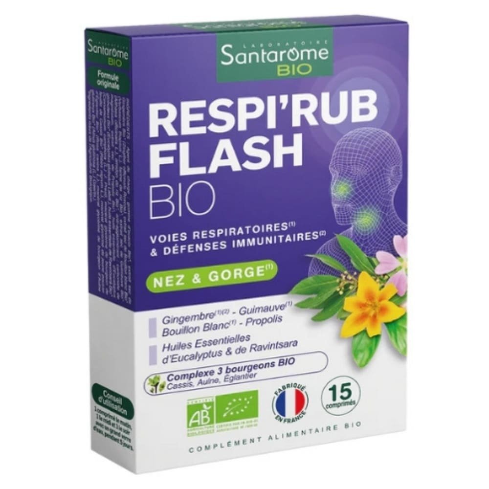 santarome – bio respirub flash nez et gorge voies respiratoires et defenses immunitaires – 15 comprimes