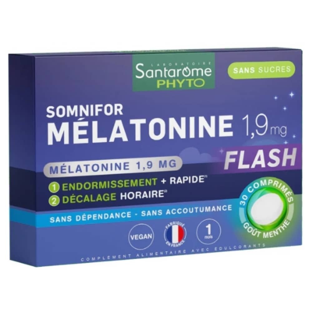 santarome – phyto somnifor melatonine flash 1,9mg endormissement rapide gout menthe – 30 comprimes