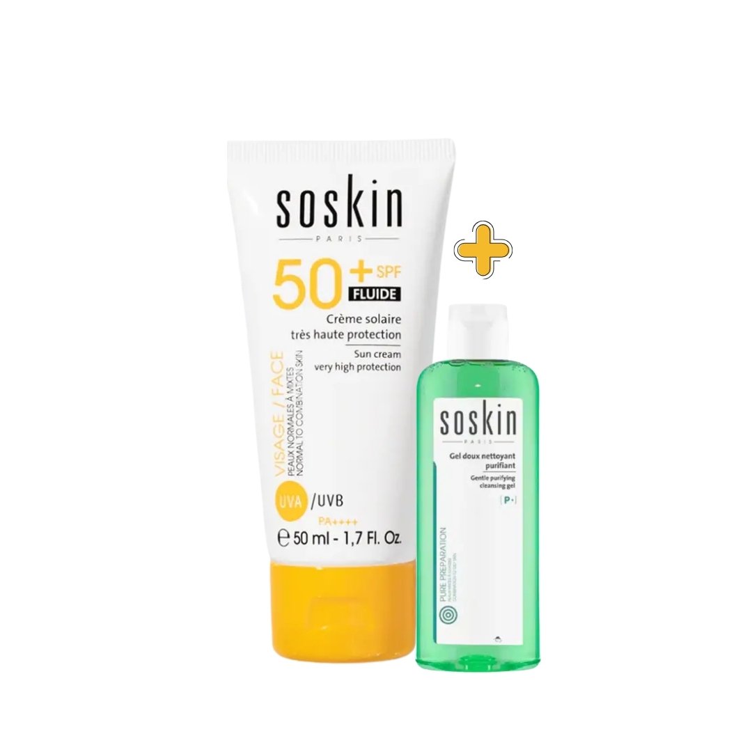 soskin – ecran fluide spf50+ 50ml +gel nettoyant 100ml offert
