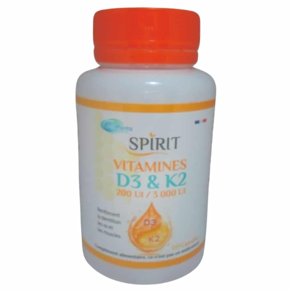 spirit pharma – vitamines d3 et k2 200ui et 3000ui renforcement dentition, os et muscles – 60 capsules