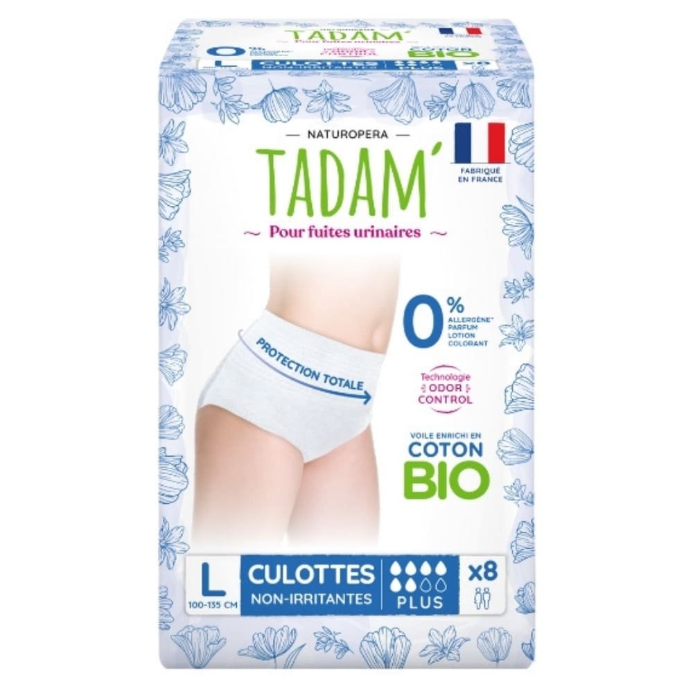 tadam’ – fuites urinaires culottes non irritantes bio – plus 70 110cm taille l – 8u