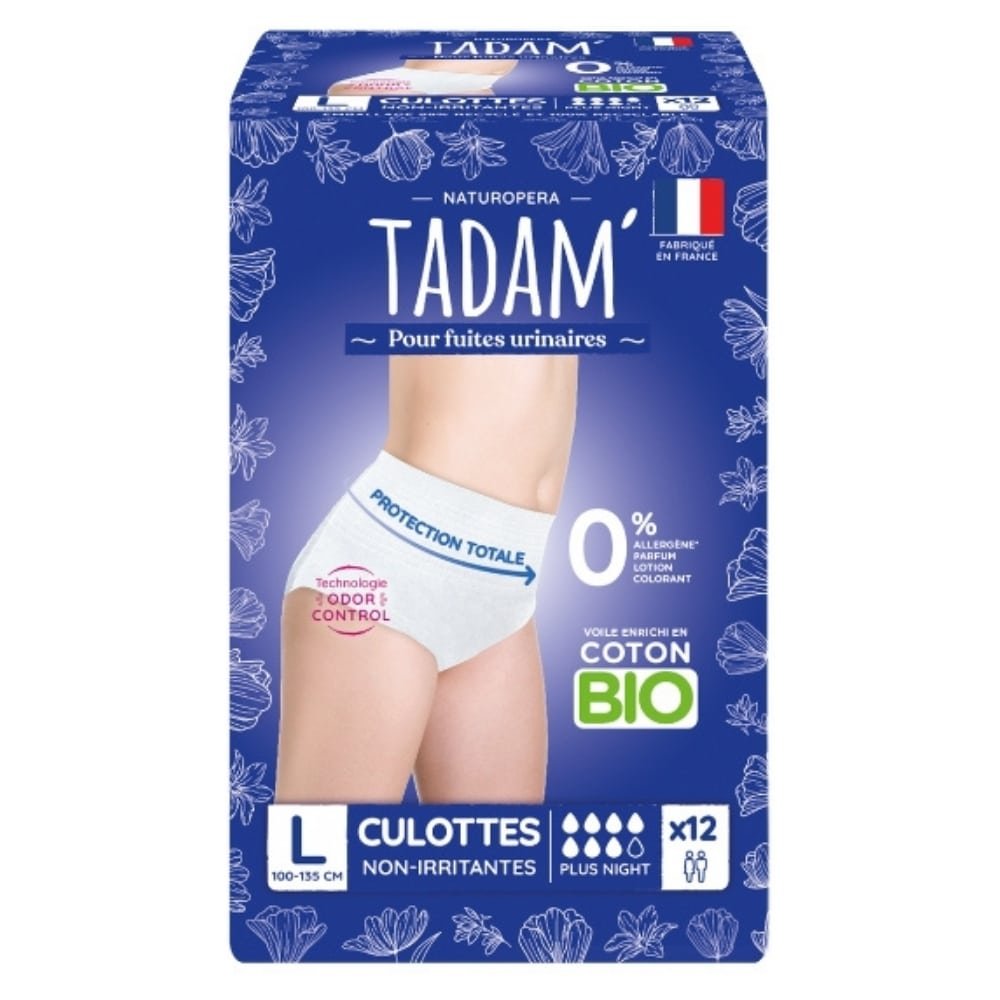 tadam’ – fuites urinaires culottes non irritantes bio – plus night 100 135cm taille l – 12u