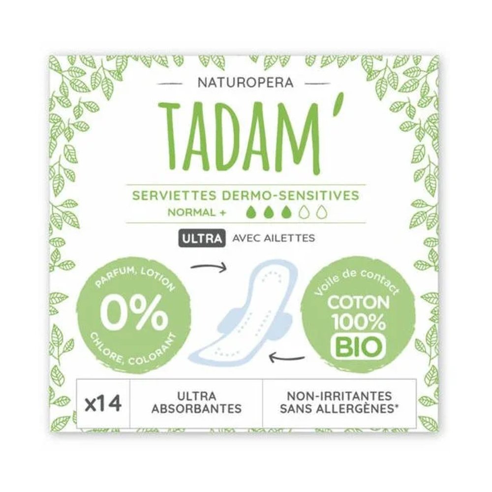 tadam – serviette ultra coton bio normal+ – 14unite