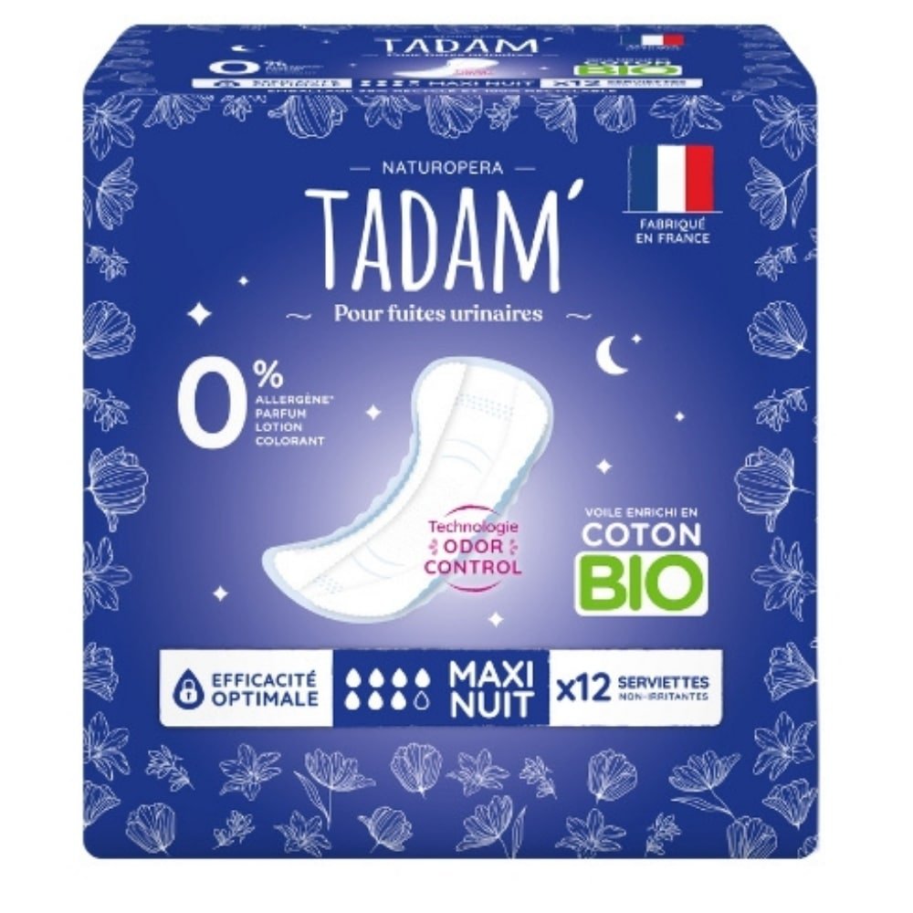 tadam’ – serviettes non irritantes fuites urinaires bio – maxi nuit – 12u